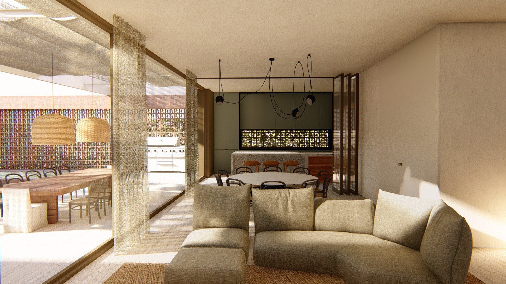 Render de salón interior conectado con el porche, Isola Bella