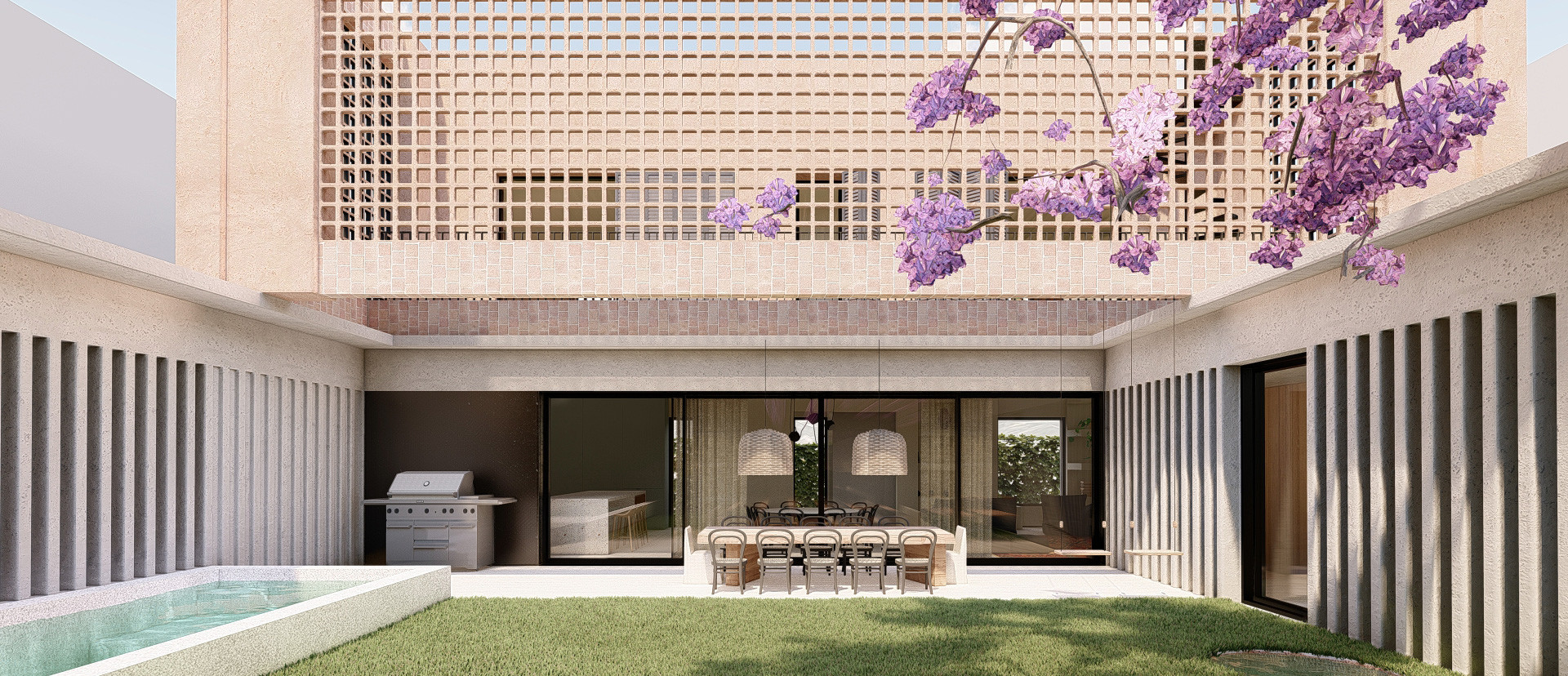 Render de patio con piscina y zona de barbacoa, Isola Bella
