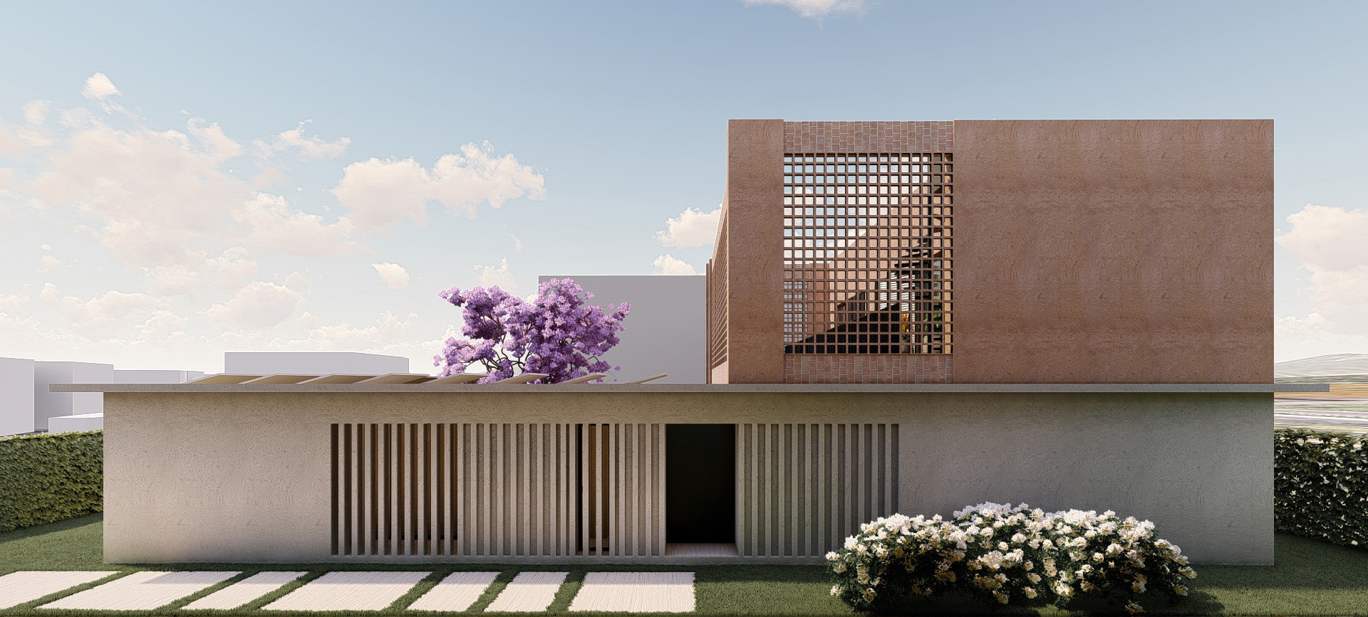 Render de fachada principal con celosía cerámica, Isola Bella