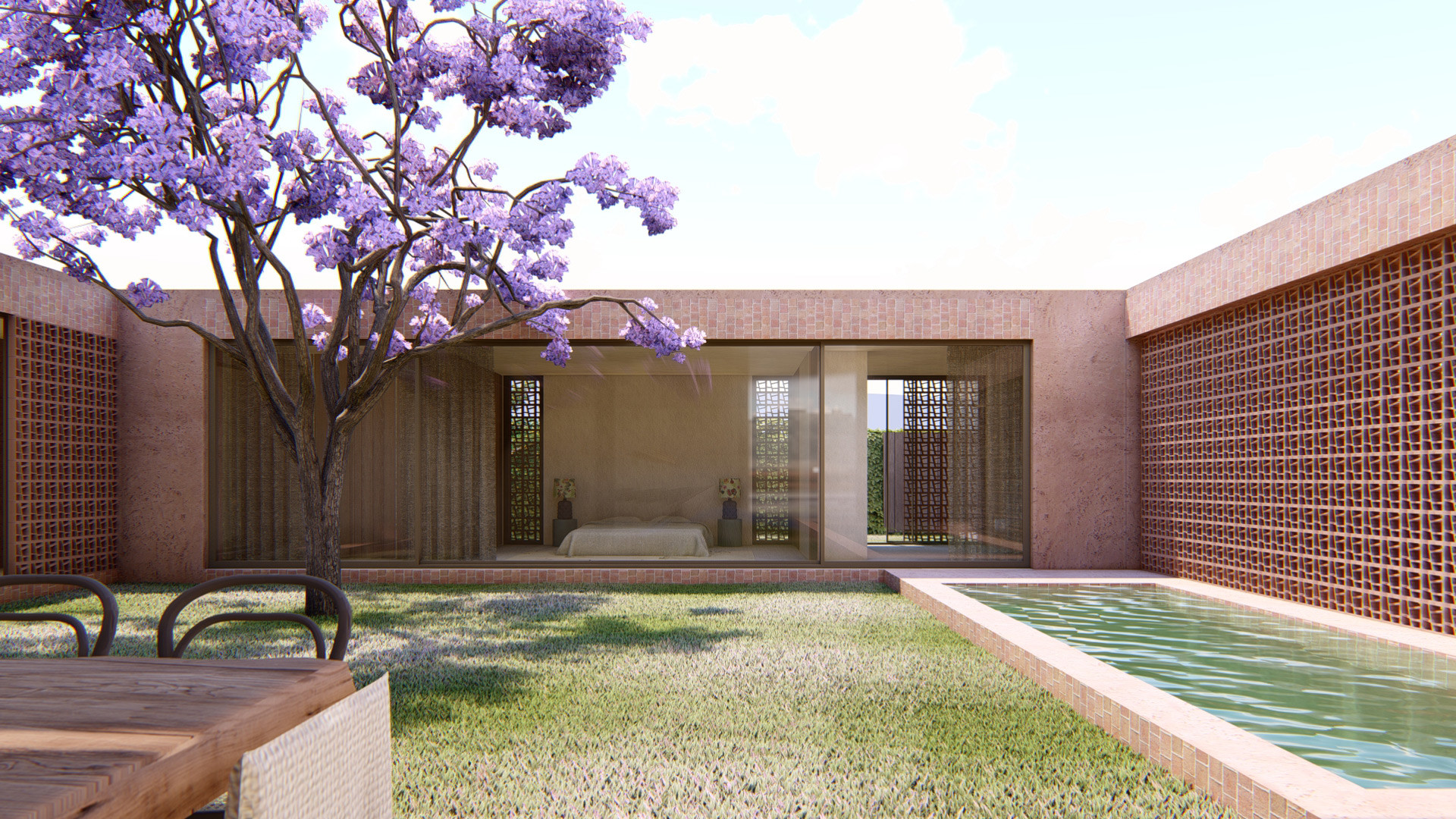 Render de patio trasero con piscina y jacaranda, Isola Bella