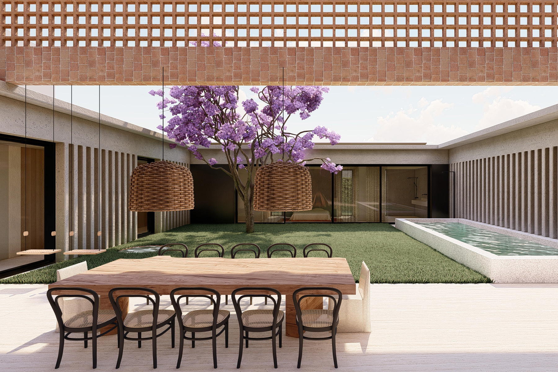 Render de patio central con jacaranda y comedor exterior, Isola Bella