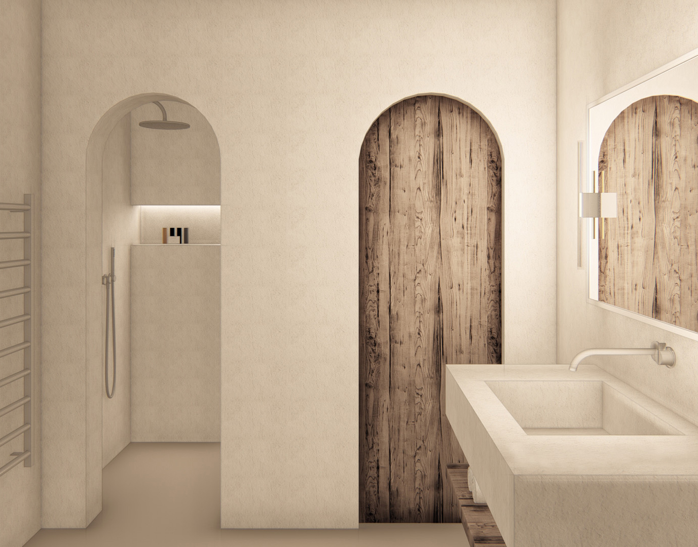 Render del interiorismo de un baño minimalista con iluminación clara y decoración rústica del estudio de arquitectura KLARQ.