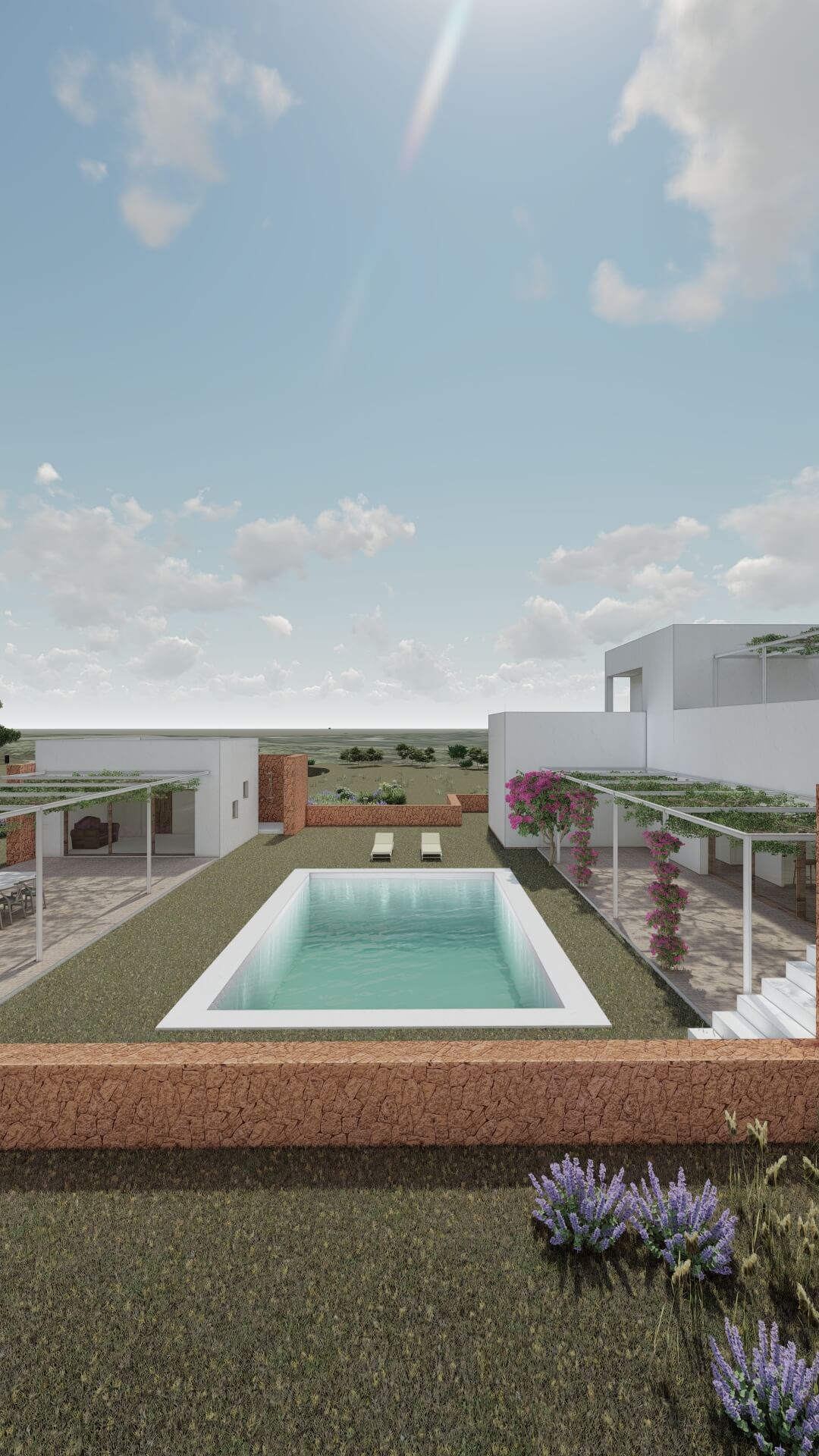 Render del proyecto de arquitectura Passivhaus de KLARQ con una vivienda rodeada de vegetación y una piscina como eje central.