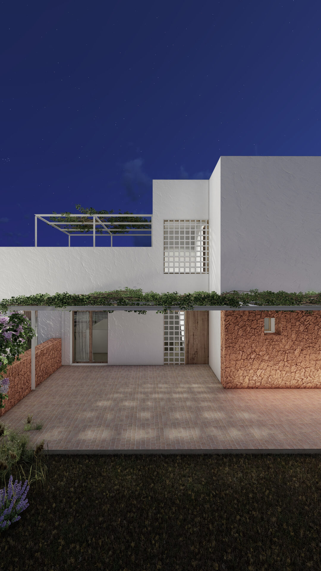 Render nocturno del proyecto Ses Clotades de KLARQ con muros de piedra cálidos que contrastan con las paredes blancas y la vegetación.