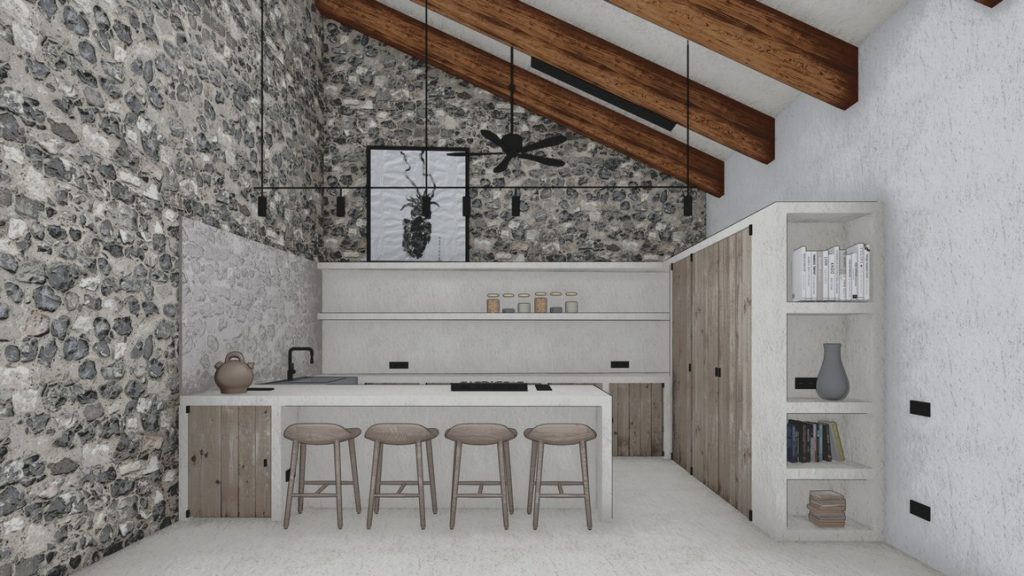 Render del interiorismo del proyecto de rehabilitación BENASQUE de KLARQ con una cocina moderna, rústica y minimalista.