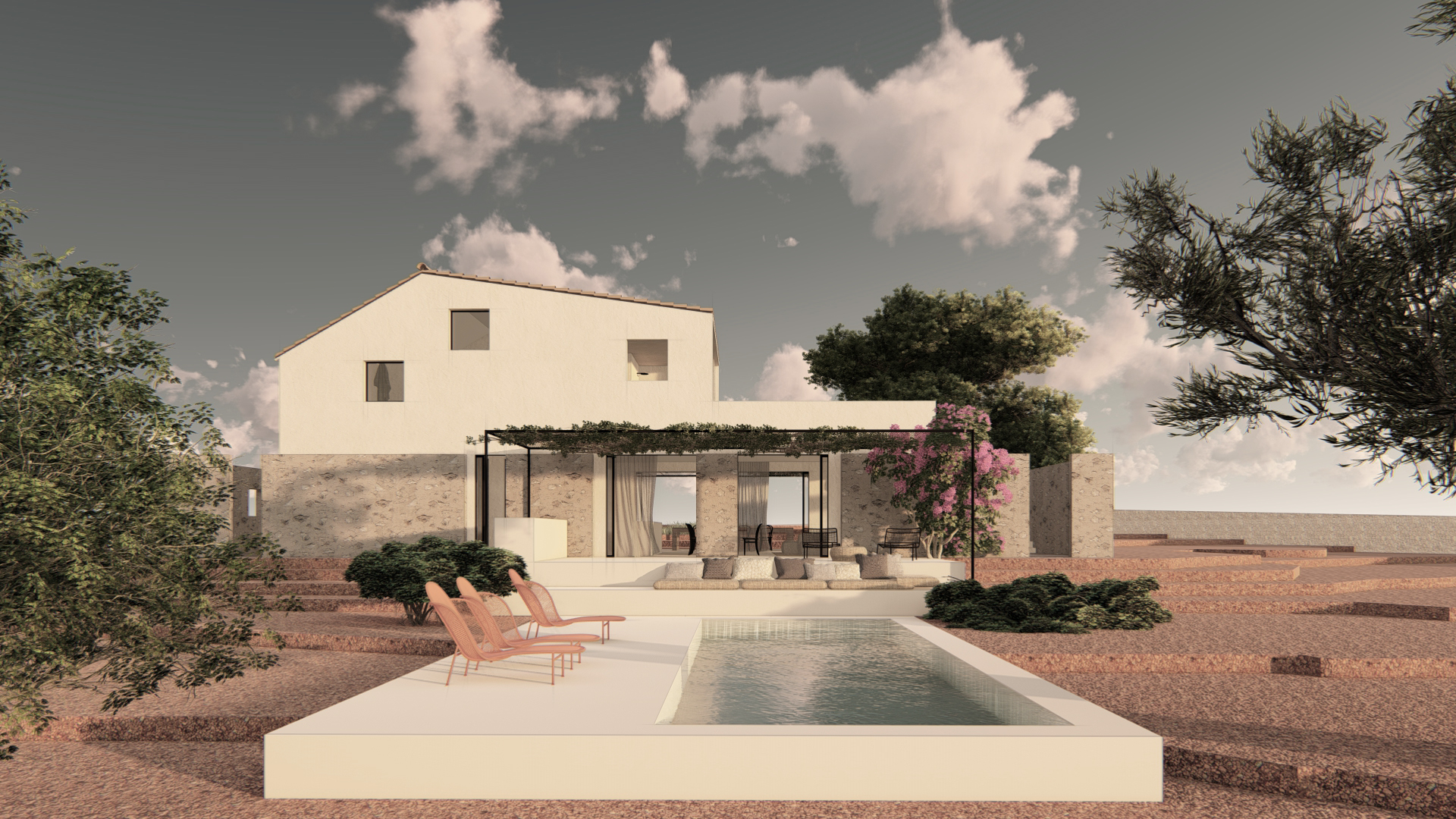 Vivienda de bajo consumo energetico de KLARQ en Mallorca de dos plantas y colores claros, piscina y rodeada de naturaleza balear.