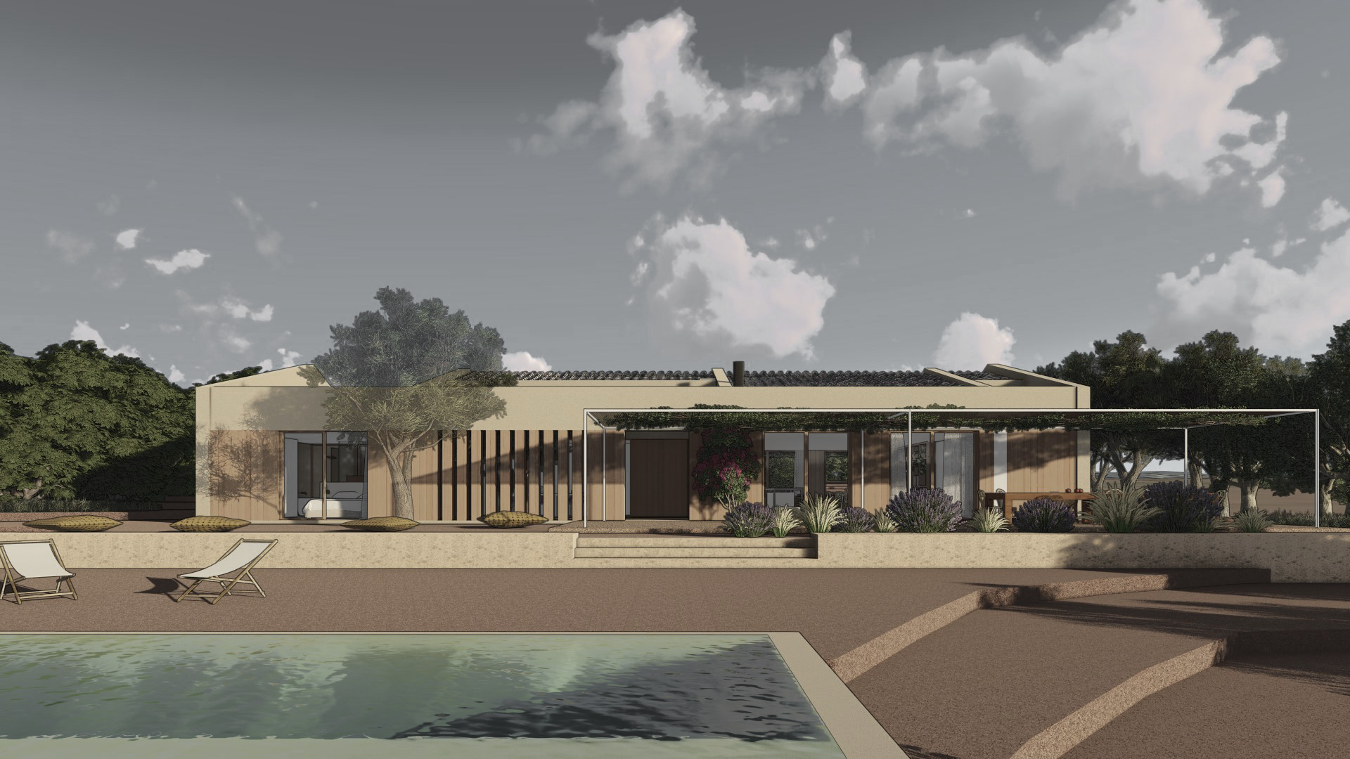 Render exterior de una vivienda con piscina del proyecto de arquitectura Passivhaus SON MAIG del estudio de arquitectura KLARQ.