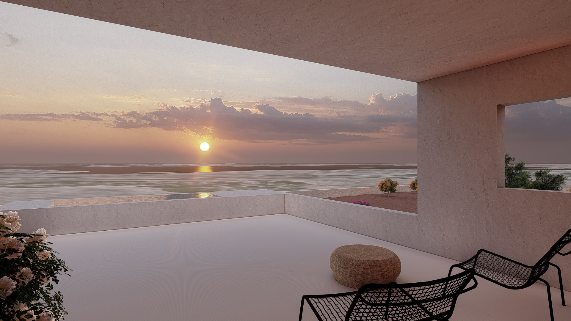 Render del proyecto Casa Aruma de KLARQ de la vista panorámica del balcón con vistas del atardecer con luz cálida al mar de Mallorca.
