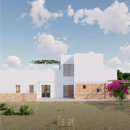 Vivienda Passivhaus de KLARQ rodeada de naturaleza con una construcción blanca sencilla de dos plantas y muros de piedra.